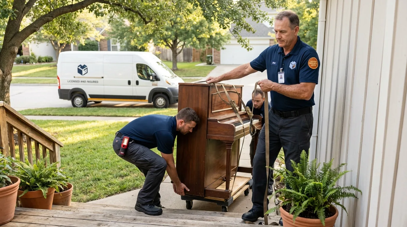 Licensed piano movers securing grand piano in Nashville, GA