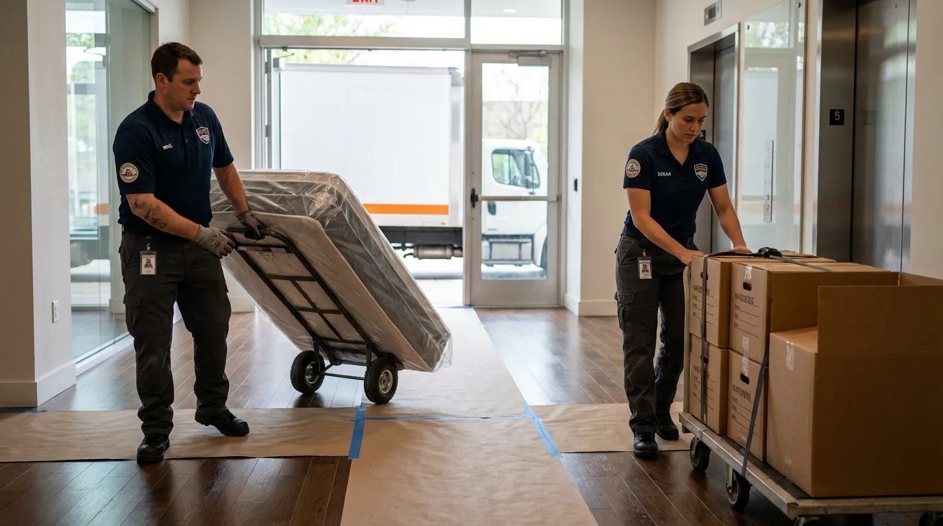 Professional apartment movers loading elevator in Nashville, GA